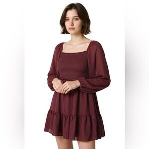 Aritzia Wilfred Tempest Smocked Burgundy Boho Long Sleeve Mini Dress S Holiday